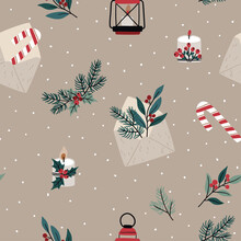Seamless Vector Christmas Pattern With Letters, Branches And Christmas Elements. Ideal For Printing On Fabric, Paper Or Wallpaper.