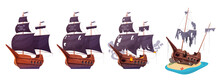 Pirate Ship After Sea Battle, Stages Of Boat Damage History Set Vector Illustration. Cartoon Isolated Vintage Wooden Corsair Caravel, Abandoned Sailboat With Fire, Broken Sails On Mast And Deck