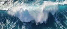 Beautiful Texture Of Big Power Dark Ocean Waves With White Wash. Aerial Top View Footage Of Fabulous Sea Tide On A Stormy Day. Drone Filming Breaking Surf With Foam In Indian Ocean. Big Swell In Bali.