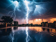 Lightning streaks illuminate the night sky, reflecting in the tranquil waters of a pool, juxtaposing danger with calm.