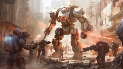 Wall Mural - A group of rebels are shown fighting against a robot  AI generated illustration