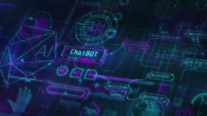 Virtual space with animated artificial intelligence infographics.