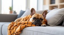 French Bulldog Dog Lying On White Sofa