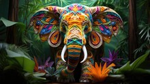 A Colorful Elephant Statue In A Jungle Setting. Generative AI.