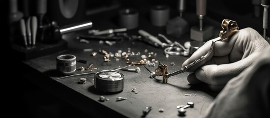 Close-up of a hand of a goldsmith who builds a precious jewel with valuable diamonds. To make the jewel it takes: precision, craftsmanship and patience. Concept of: gold, luxury.