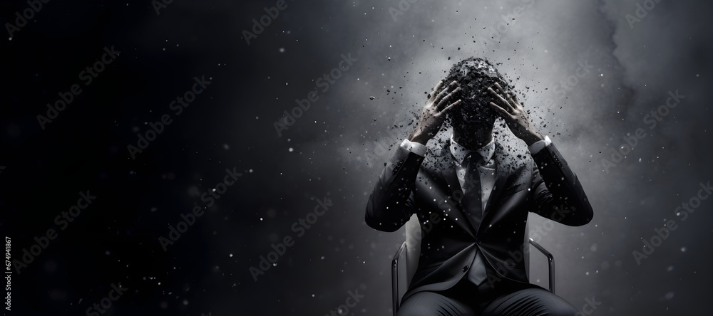 Surreal image of a man with an exploding head in a chair, a powerful ...