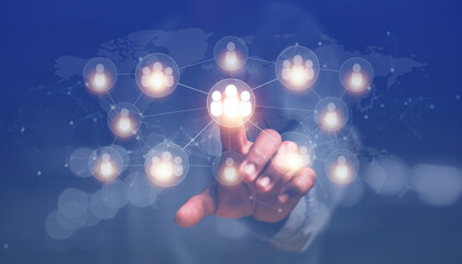 Human resource management and recruitment employment business, Businessman pointing global structure network and data exchanges customer connection, Organization infrastructure and social relations.