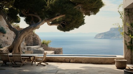 Wall Mural - A patio with a table and chairs and a view of the ocean