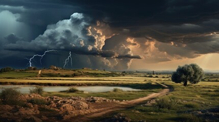 Canvas Print - A storm is coming over a field with a river