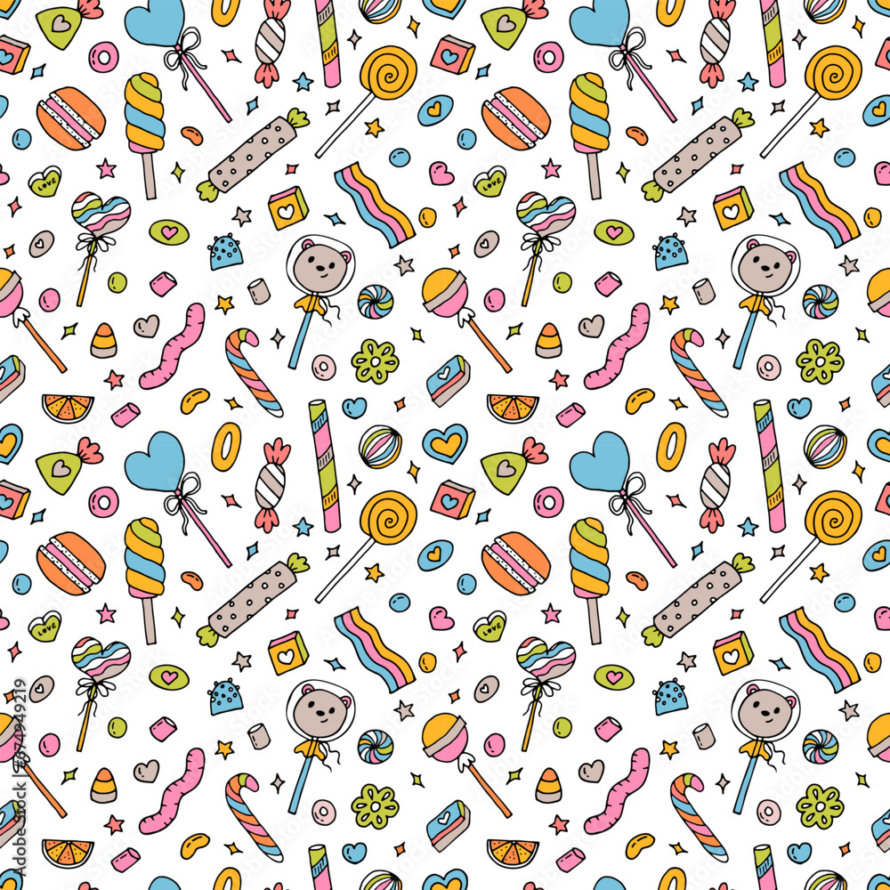 Seamless doodle pattern with candies, sweets and lollipops. Hand drawn ...
