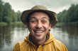 Smiling fisherman in a waterproof hat and yellow raincoat with a serene lake and greenery in the background.