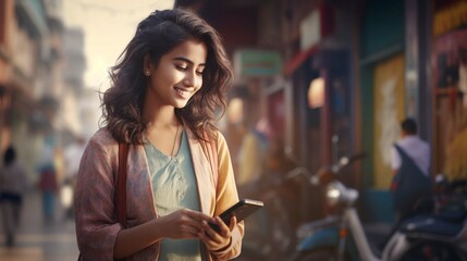 Wall Mural - Young smiling Indian woman walking in the city, woman holding a bank credit card and phone, tourist making online booking