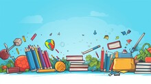 School Hand Drawn Doodle Banner. Cartoon Vector Detailed Flyer. Illustration With Education Objects And Symbols. Colorful Horizontal Background Photography ::10 , 8k, 8k Render