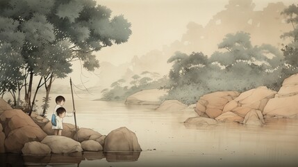 Wall Mural - Chinese depicting ancient landscape paintings wallpaper image AI generated art