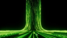 3d Render, Abstract Wallpaper. Green Neon Lines Over Black Background. Streaming Energy. Particles Moving And Leaving Glowing Tracks