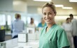 © piai - A female nurse wearing green scrubs smiling at a patient behind a counter in a bright medical laboratory