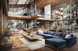 Wnętrze nowoczesnego drewnianego domu w lesie. 