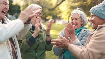 Wall Mural - Stacked hands, nature and senior people to celebrate for positive, good or confident attitude. Smile, happiness and elderly friends in retirement with applause in an outdoor garden or park together.