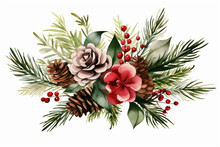 Christmas Decoration Made Of Pine Branches, Pine Cones, Flowers And Red Berries Painted On White Background.