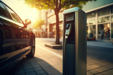 Poster - A close-up of an electric vehicle charging station, representing the Concept of sustainable transportation infrastructure. Generative Ai.