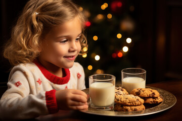 Canvas Print - A child eagerly leaving a plate of cookies and milk for Santa on Christmas Eve. Concept of holiday traditions. Generative Ai.