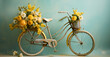 yellow bicycle with flowers, A bicycle with a basket of flowers on the front generative ai image