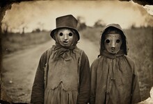AI Generated Illustration Of A Sepia-toned Image Of Two Puppets With Spooky Masks