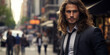 a handsome groomed man with long hair, street background