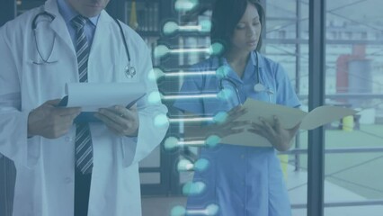 Poster - Animation of dna structure spinning over diverse male and female doctors reading reports at hospital