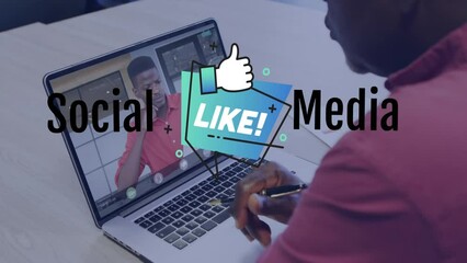 Sticker - Animation of social media icons over african american man having video call on smartphone at office