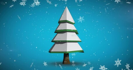 Poster - Animation of snowflakes falling over christmas tree covered in snow against blue background