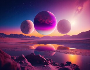 Wall Mural - AI generated illustration of planets with rocky terrain and a body of water reflecting the night sky