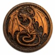 AI generated illustration of an intricate dragon-shaped medallion is carved onto a wooden plaque