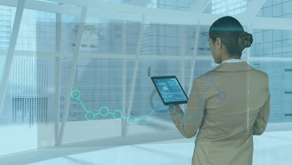 Poster - Animation of statistical data processing against biracial businesswoman using tablet at office