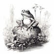 Frog on a rock in a pond surrounded by lush weeds. Pencil drawing style. AI-generated.
