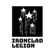Illustration of ironglad legion text with star shapes and abstract pattern on white background
