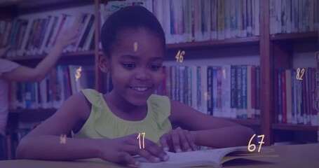 Poster - Animation of numbers and symbols floating over african american girl studying in library at school