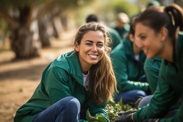 Poster - A group of volunteers wearing smiles as they clean up a local park, embodying the happiness derived from community service. Concept of altruism and environmentalism. Generative Ai.