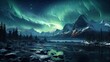© DigitalArt - An ethereal display of aurora borealis sweeps over a pristine snowy landscape, with majestic mountains reflecting in a tranquil river.