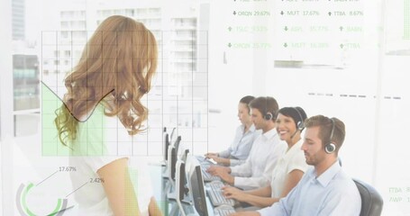 Poster - Animation of stock market data processing over caucasian woman showing ok gesture at office