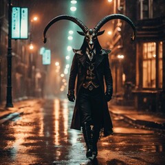 Wall Mural - AI generated illustration of a goat in a black costume walking a wet urban city street