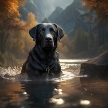 A Large Black Dog Laying Down In A Stream Next To Trees