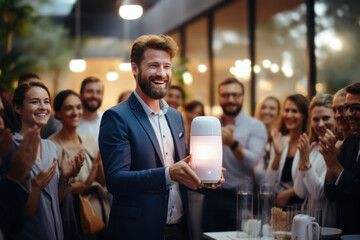 Poster - A male manager expresses his elation as he unveils a new, innovative product to a captivated audience. Concept of product launches and innovation. Generative Ai.