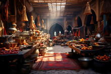 An Arabian Bazaar With Colorful Textiles, Spices, And Bustling Market Activity. Concept Of Cultural Diversity And Trade. Generative Ai.
