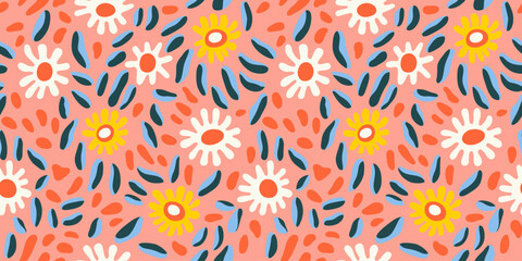 Colorful vintage flower art seamless pattern illustration. Organic hand drawn floral garden background with psychedelic style nature collage. Trendy spring print of abstract retro flowers.