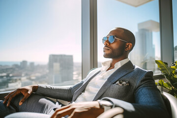 Portrait of wealthy and successful African American man, wearing stylish designer clothing and relaxing in a luxury condo, enjoying a moment