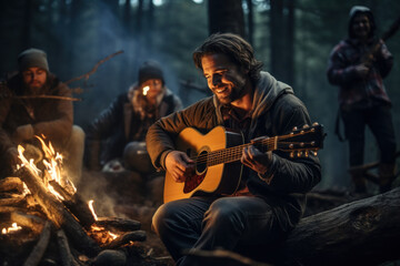 Poster - A musician strumming a guitar by a campfire, serenading friends under the stars. Concept of music and camaraderie. Generative Ai.