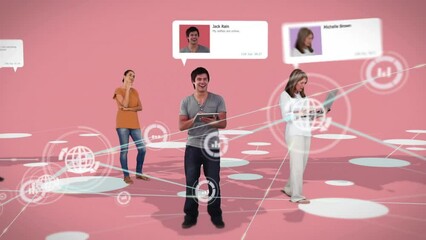 Wall Mural - Animation of network of connections with icons over diverse people with tablets