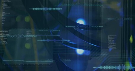 Animation of soundwaves and computer language over close up of wires against data server system