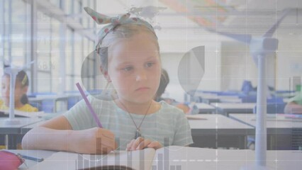 Poster - Animation of infographic interface, caucasian girl writing in notebook and looking at paper windmill